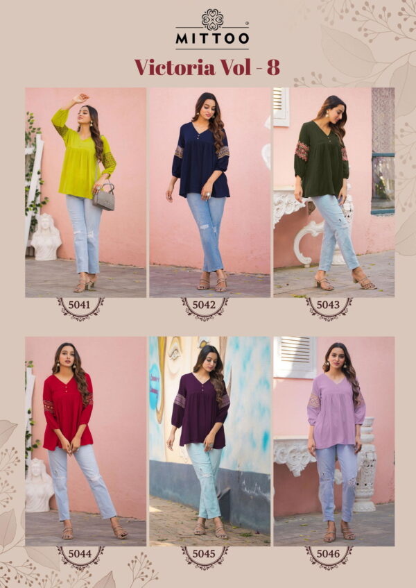 Victoria Vol 8 By Mittoo Rayon Wrinkle Printed Ladies Top - 6pcs